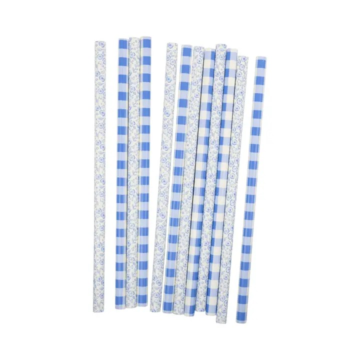Blue Plaid Floral Straws