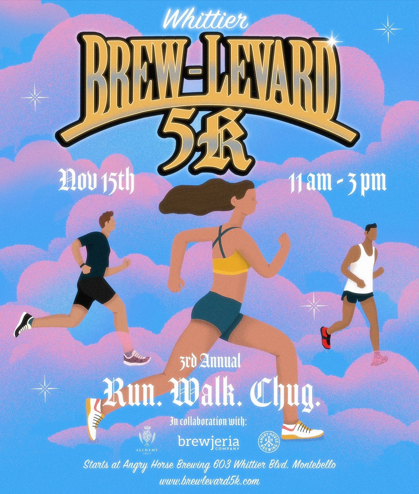 RUN. WALK. CHUG. 🍻 3rd Annual Whittier Brew-levard 5k is back! 👟Lace up your running shoes & join us on Whittier Brew-levard for a fun-filled 5k run with craft beer tastings along the way. 
🏃🏽‍♀️Starting at @angryhorsebrewing 
🏃🏽‍♂