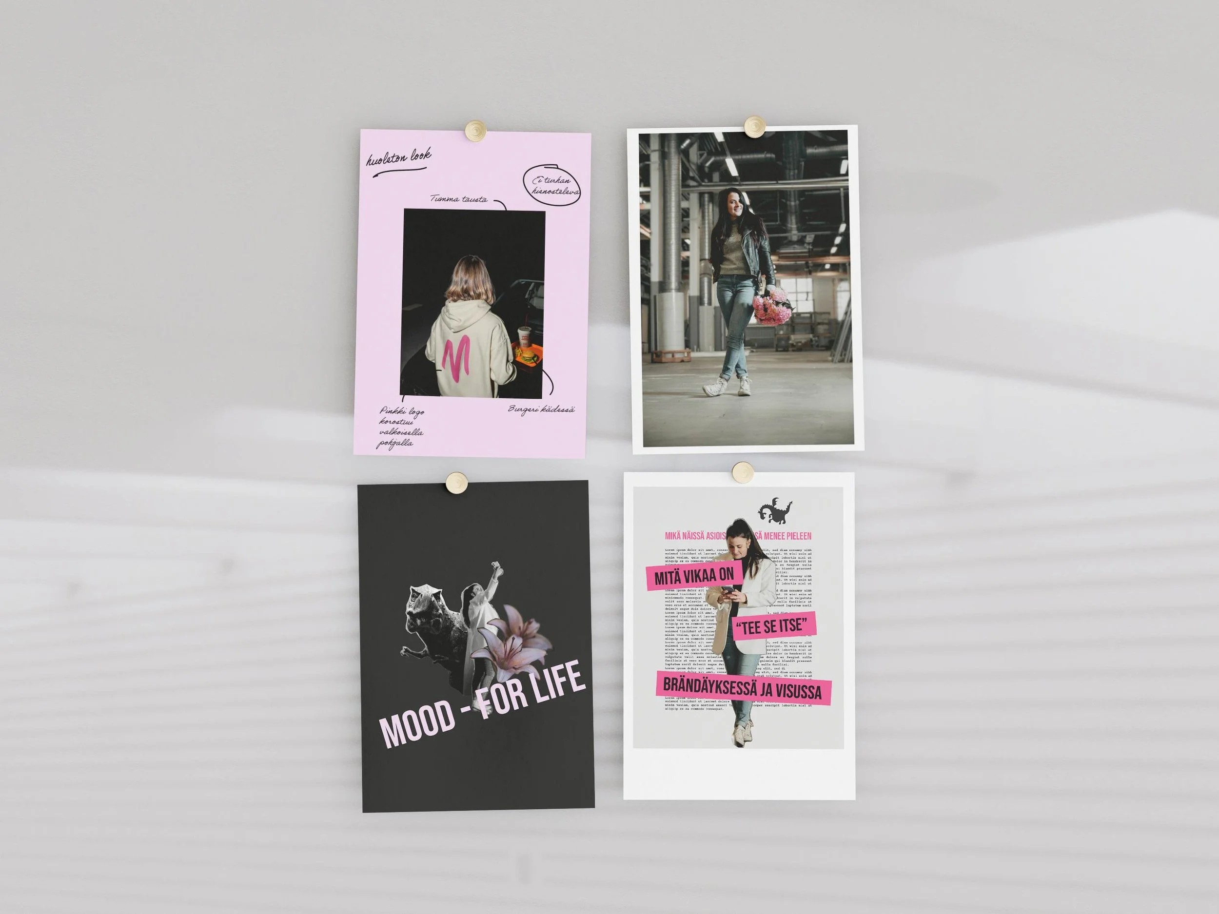 Neljä valokuvaa kiinnitettyinä seinälle