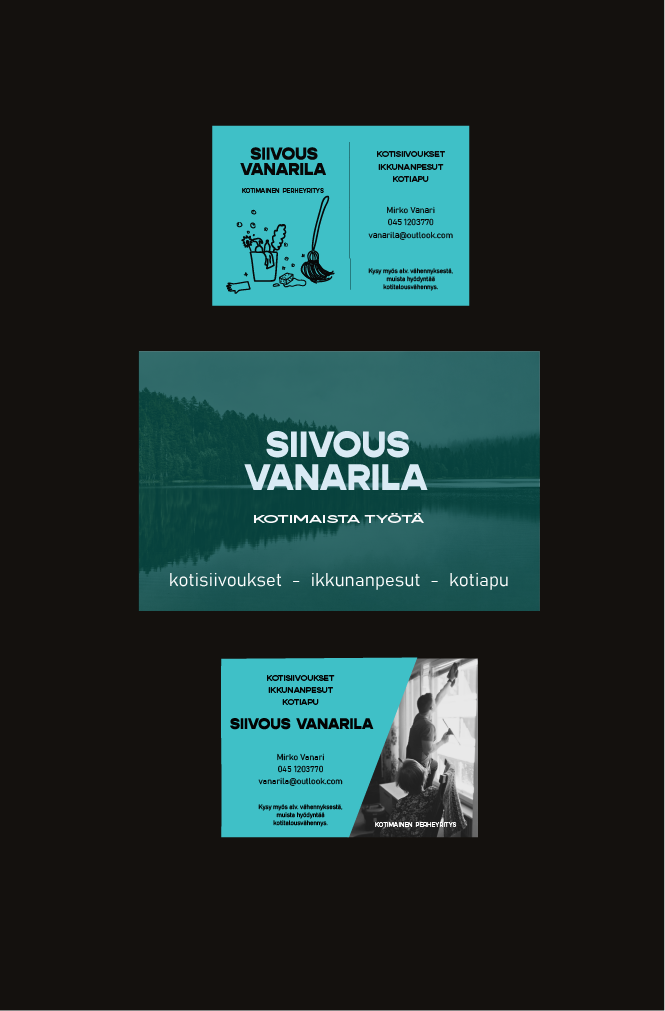 Kuvia Siivous Vanarila -yrityksen mainoksista sisältäen yhteystiedot ja palveluaiheita kuten kotisiivoukset, ikkunanpesut ja kotiapu, sekä kuva siivouksesta ikkunan pesussa.