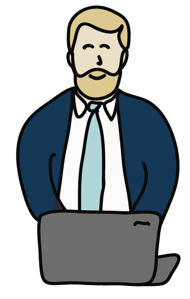 Piirretty kuva miehestä työskentelemässä läppärin ääressä.