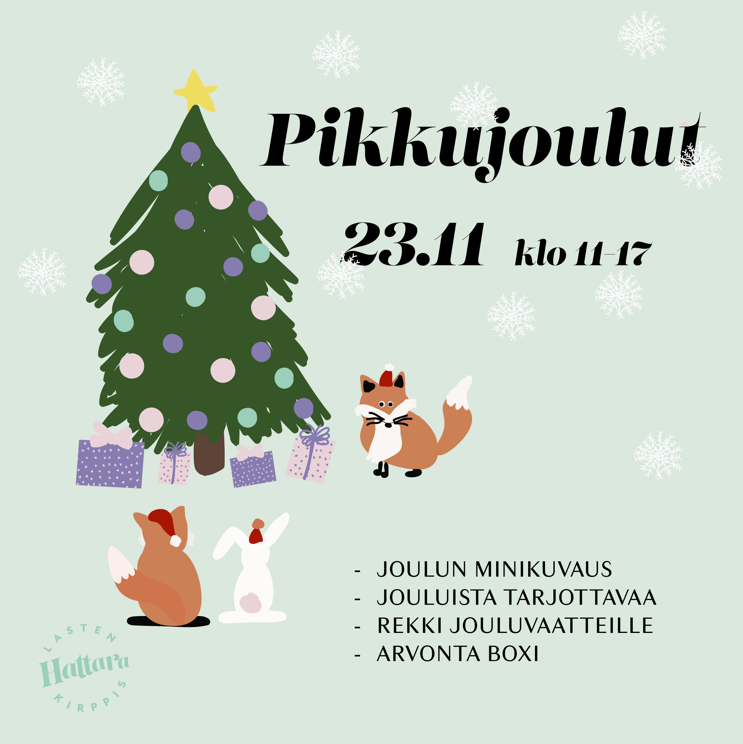 Joulukuusi koristeineen ja lahjoineen, metsän eläimet ympärillä