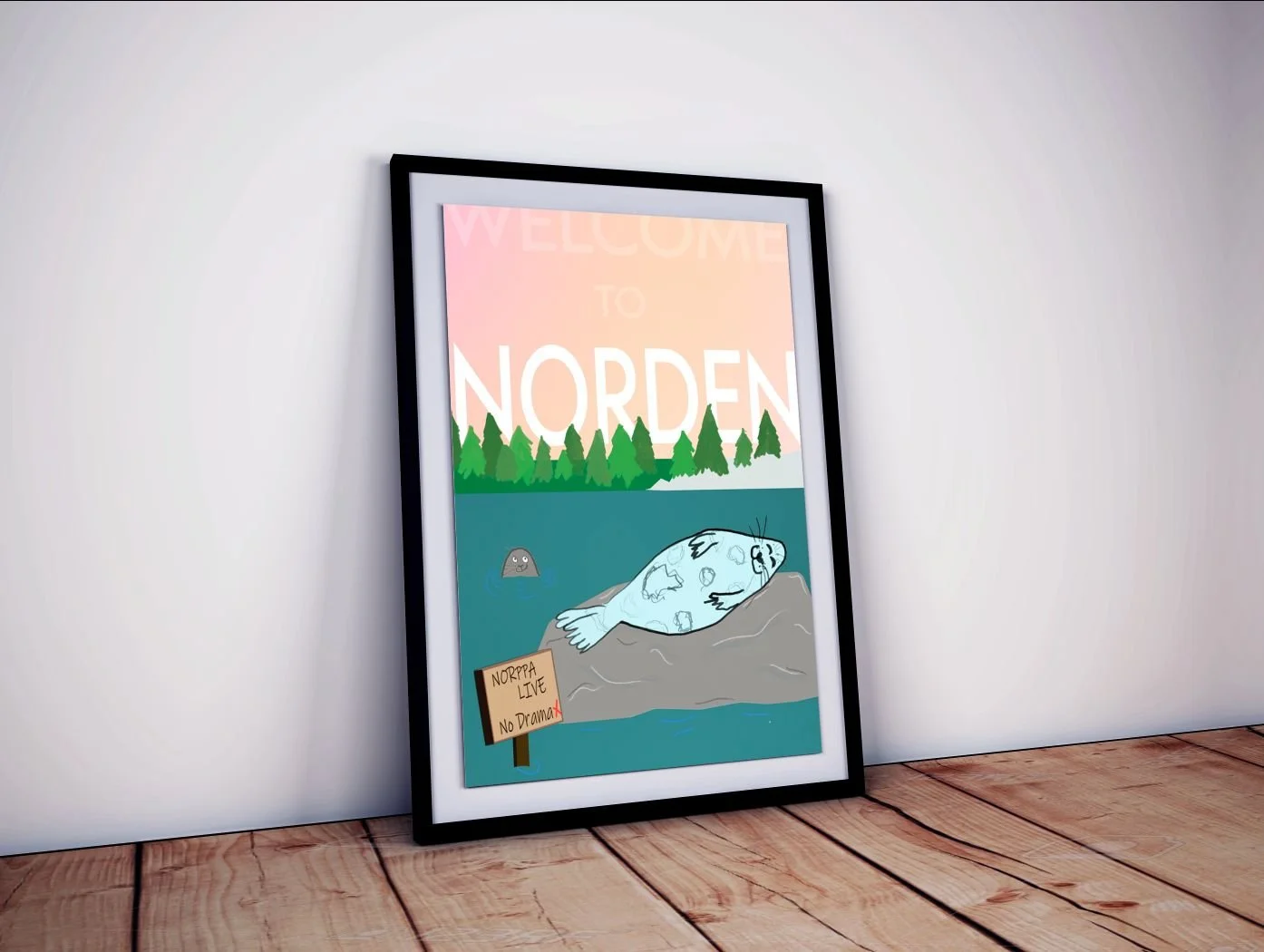 Valokuva julisteesta, jossa norppa löllöttelee kivellä järven keskellä