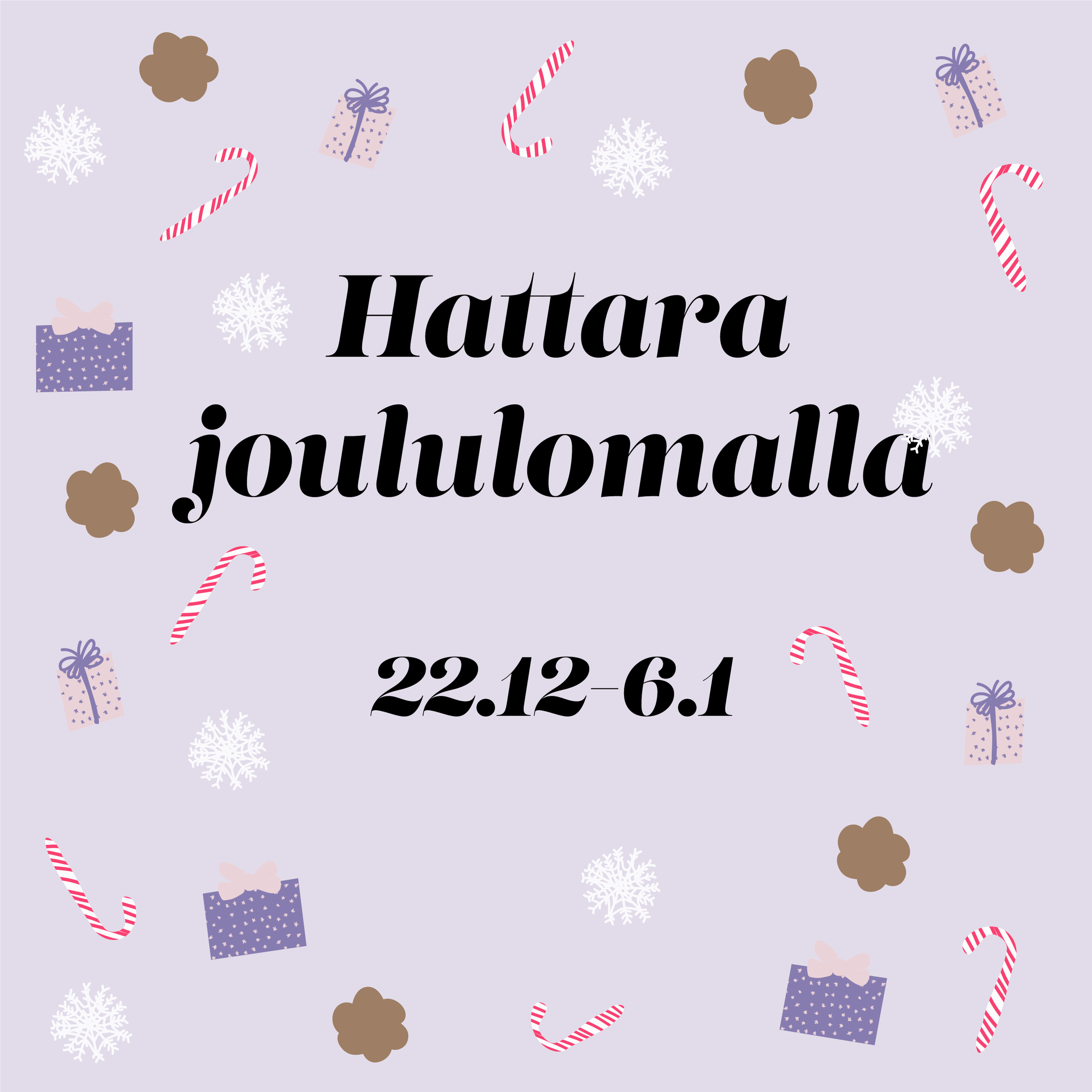 Jouluteemaista kuvitusta, sisältää lahjapakkauksia, karkkikeppejä, lumihiutaleita ja piparkakkutaloja.