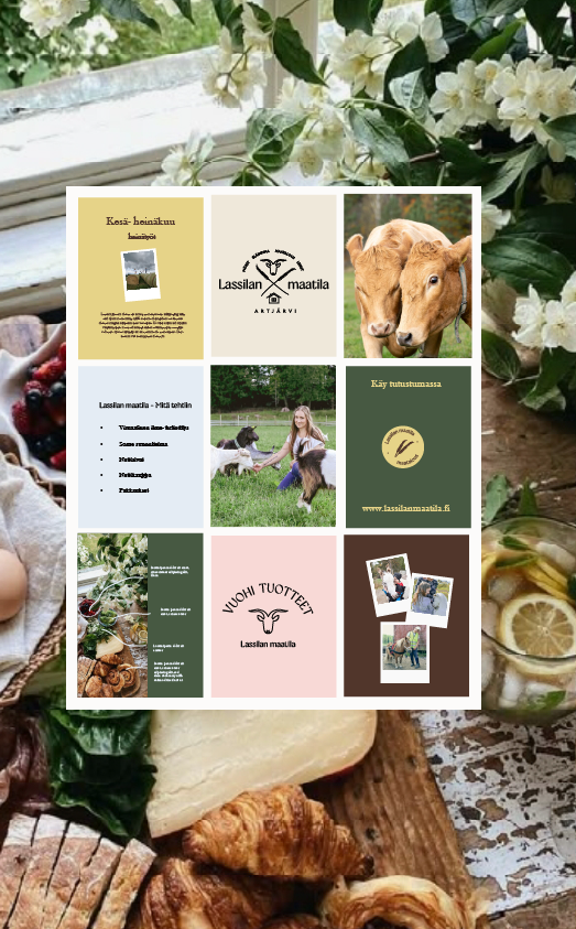 Kollaasi, jonka keskellä on logo ja tekstiä, kuva kavereista ja eläimistä, ja se on aseteltu kukkien ja aamiaistarvikkeiden taustalle.