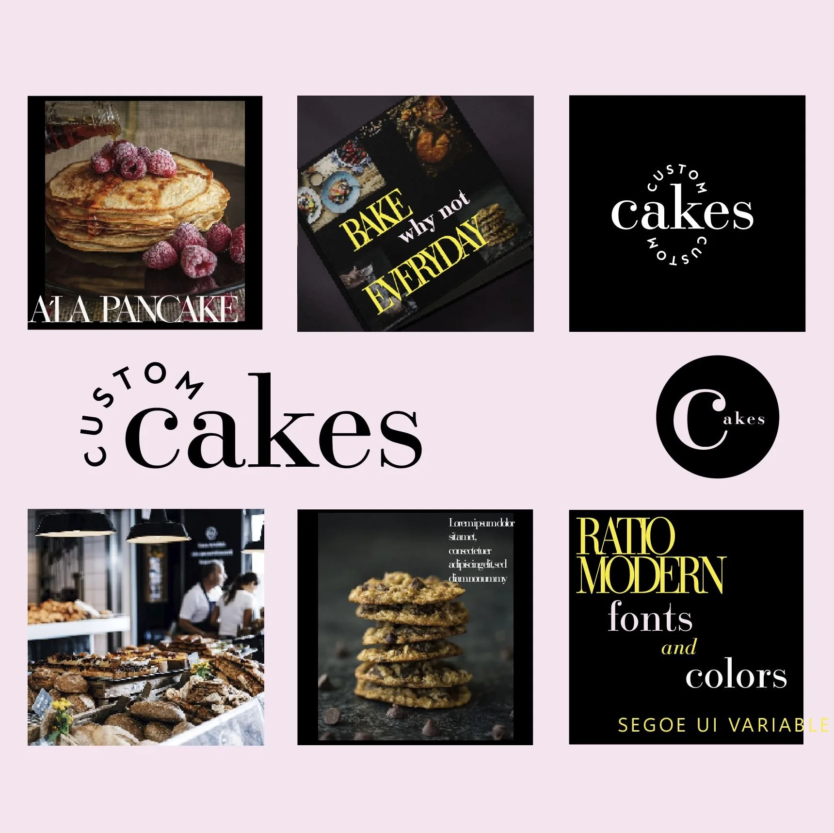 Kollaasi erilaisia cakeihin ja leivontaan liittyviä kuvia ja tekstejä.
