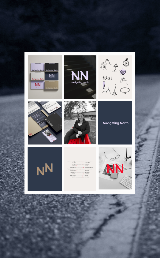 Kollaasi, jossa on logoja, suunnitelmia ja henkilökuva, liittyen Navigating North -brändiin.