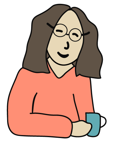 Piirretty nainen, jolla on ruskeat hiukset, silmälasit ja vaaleanpunainen paita, hän juo kahvia