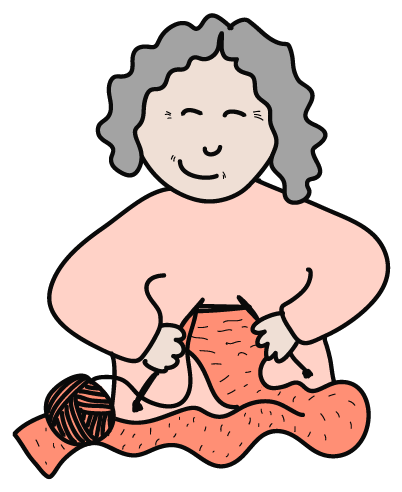 Piirros naisesta, joka kutoo kaulaliinaa, ja vieressä on lanka ja puikot.