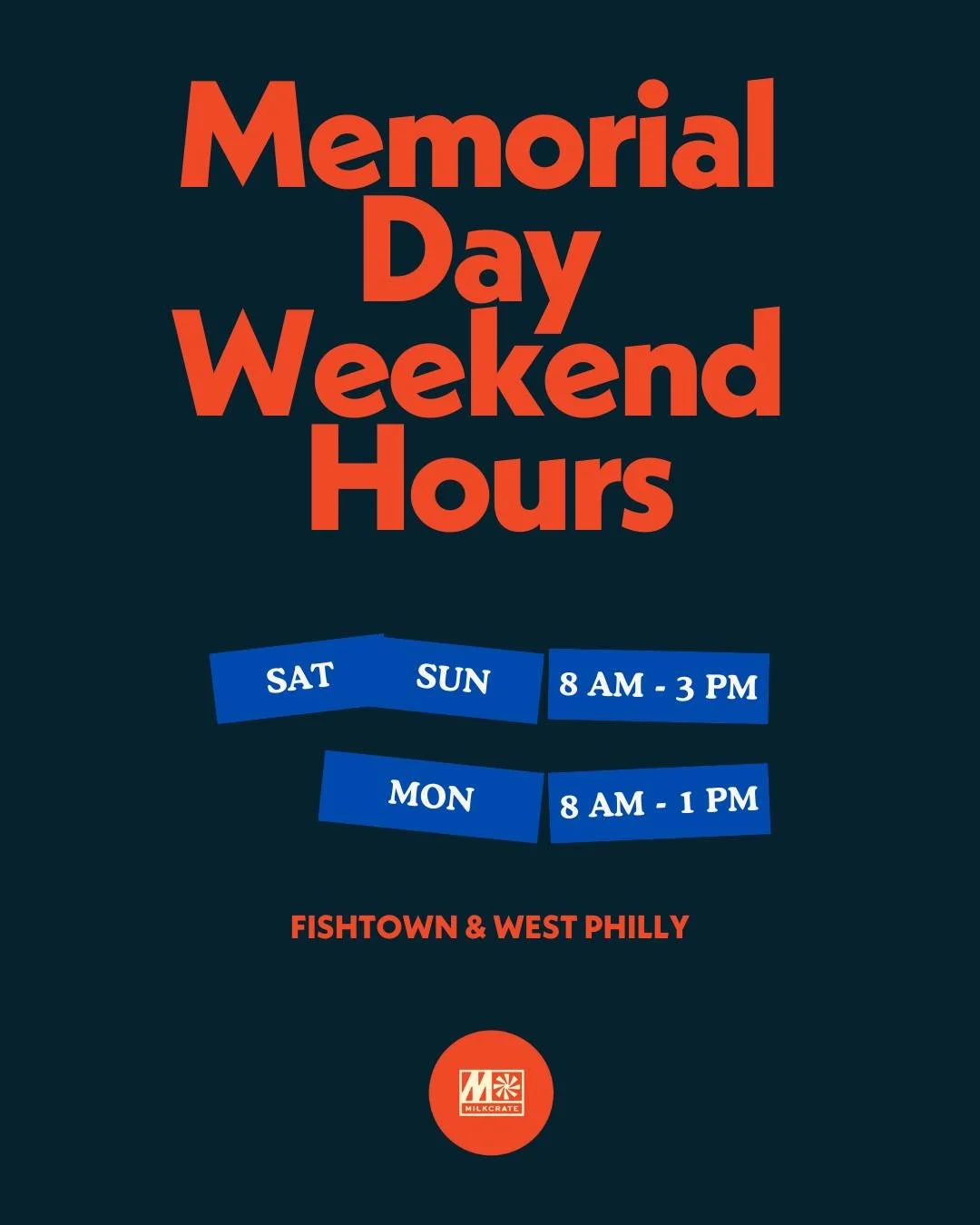 In Philly for the long weekend? We&rsquo;ve got you covered:

Sat &amp; Sun: 8AM&ndash;3PM
Monday: 8AM&ndash;1PM

📍 Both Fishtown &amp; West Philly locations

Swing by for your morning brew, brunch fix, or a little crate digging between BBQs.

#Milk