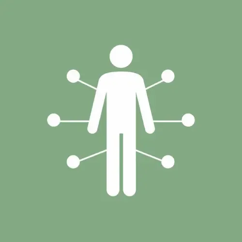 Silhouette of a person with six dots connected around them on a green background