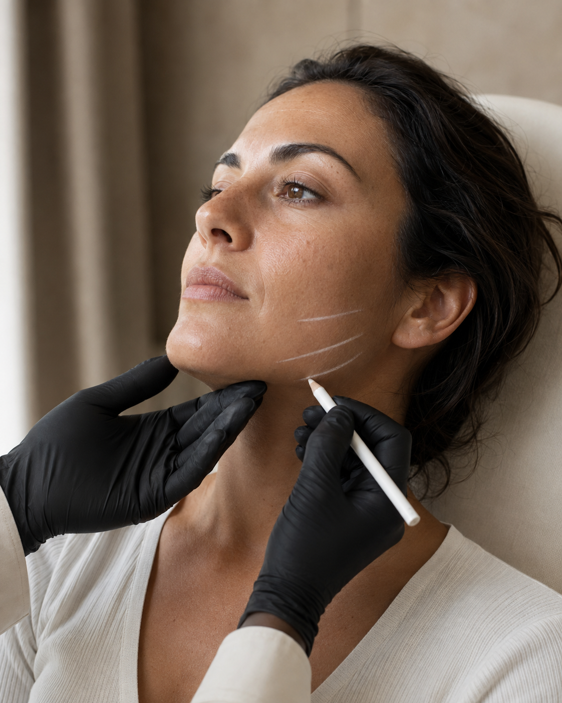 A woman lying down with markings on her cheek, with a medical professional in black gloves drawing lines on her face with a white marker.