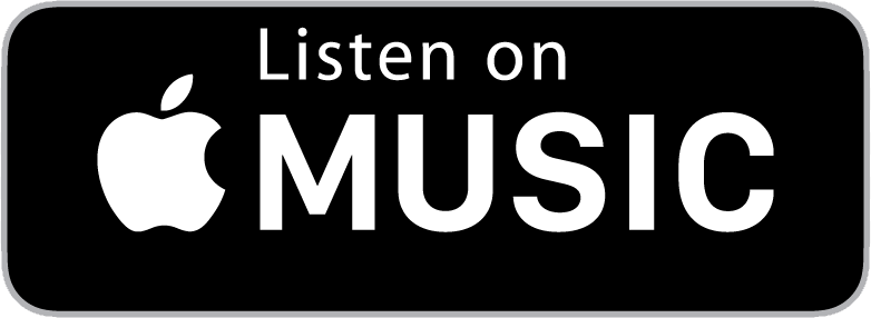Black rectangular sign with white Apple logo and text that says "Listen on Apple Music."