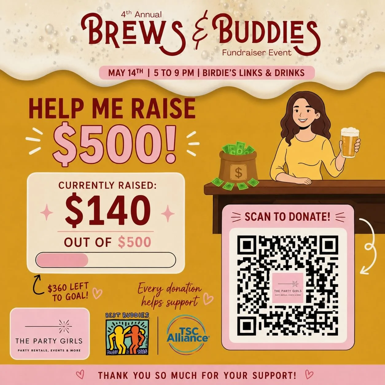 1 WEEK TO GO 🍻✨

I&rsquo;m competing as a guest bartender at the 4th Annual Brews &amp; Buddies Fundraiser and would love your support as I try to raise the MOST money for Best Buddies &amp; TSC Alliance 💛

We&rsquo;ve raised $140 so far and are wo