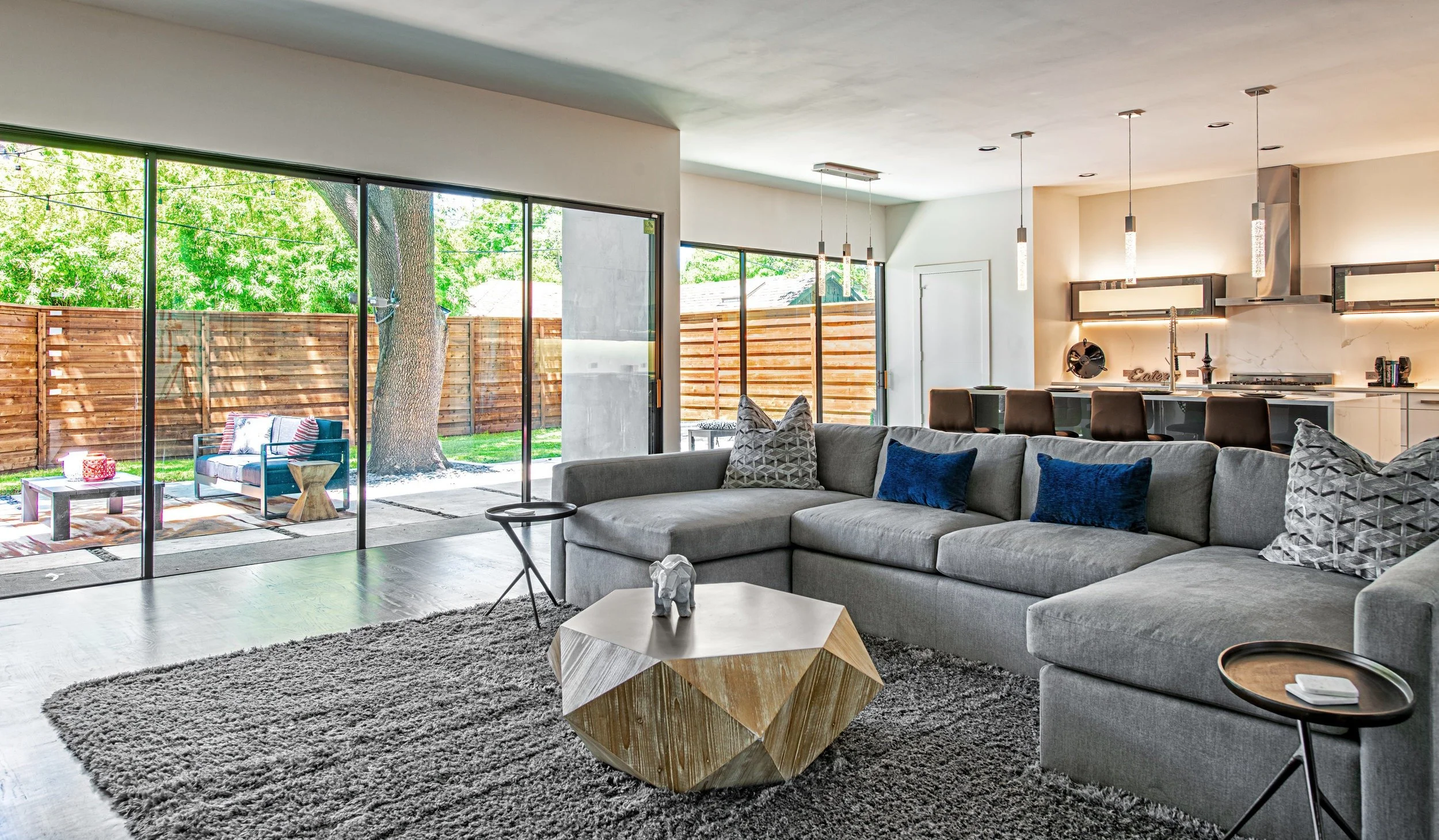 living room with grey couches