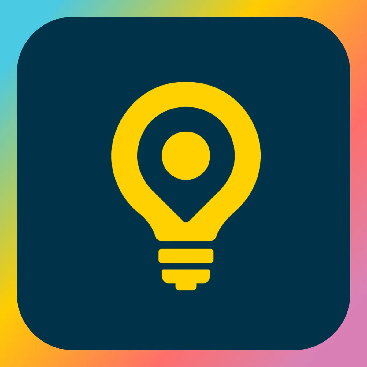 An app icon containing a yellow lightbulb with a location pin in the center on a dark background, surrounded by a colorful gradient border.
