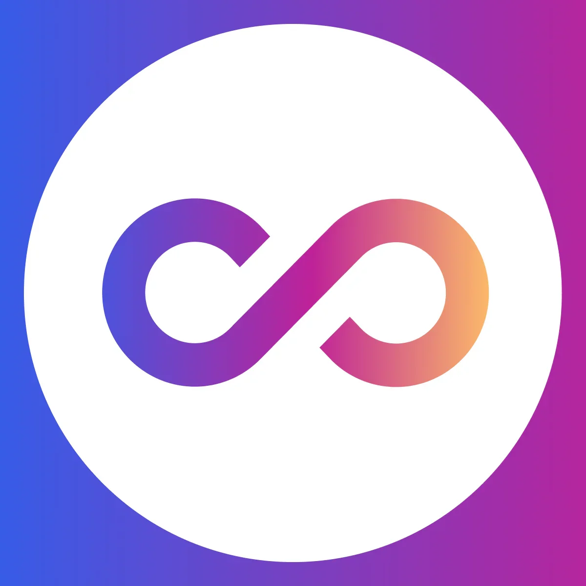 The image features a colorful infinity symbol with a gradient of purple, pink, and orange hues, set against a background that transitions from blue to purple.