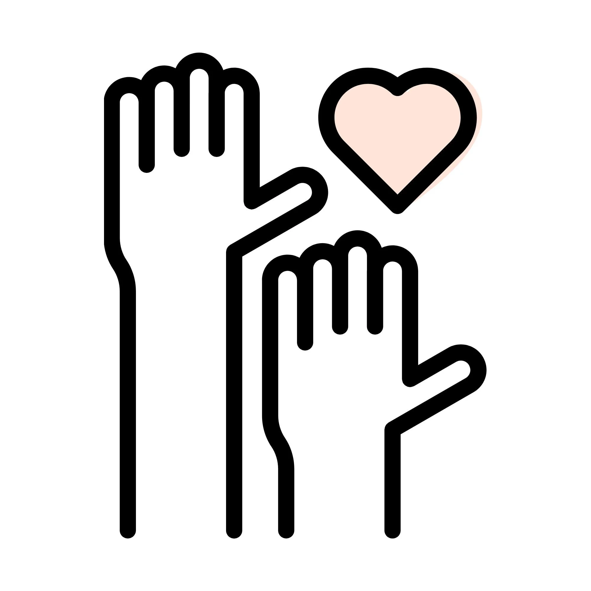 Two stylized hands, one holding a pink heart, and the other with fingers extended, representing care and love.