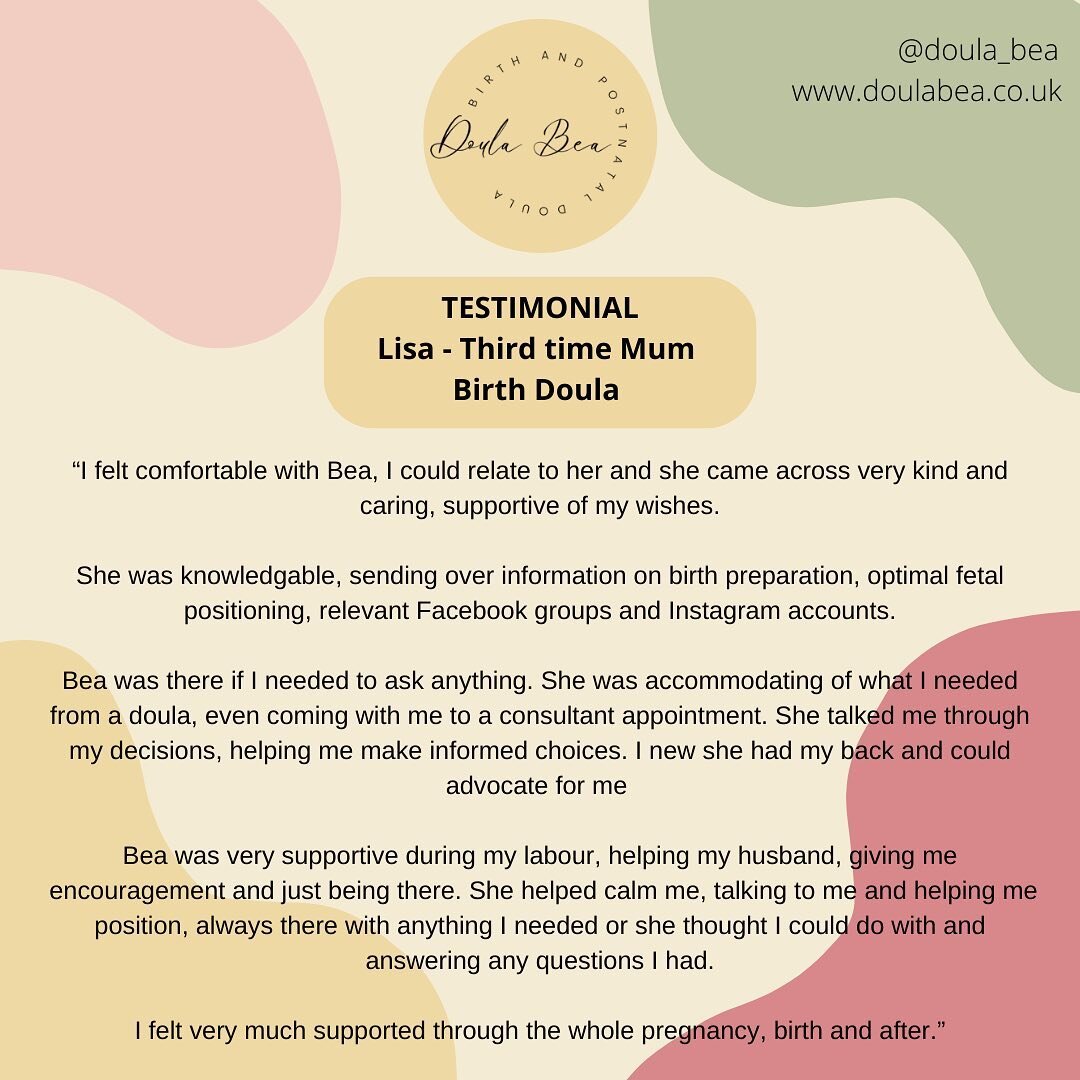 TESTIMONIAL - &ldquo;I felt comfortable with Bea, I could relate to her and she came across very kind and caring, supportive of my wishes.

She was knowledgable, sending over information on birth preparation, optimal fetal positioning, relevant Faceb