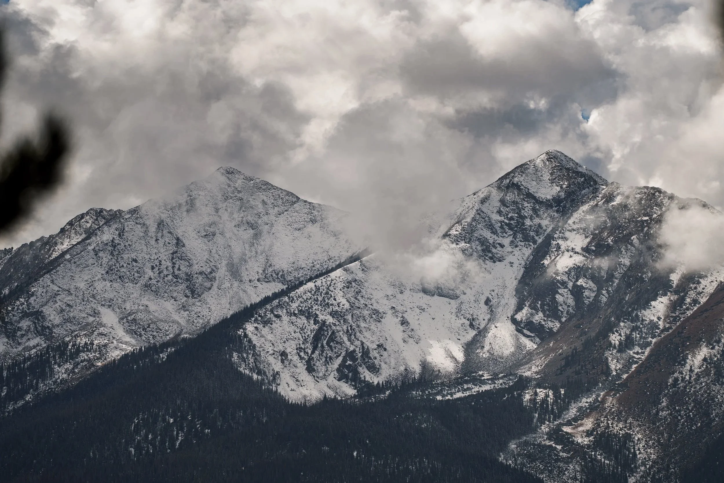 Snow-covered mountain peaks with a forested slope in the foreground, cloudy sky in the background.