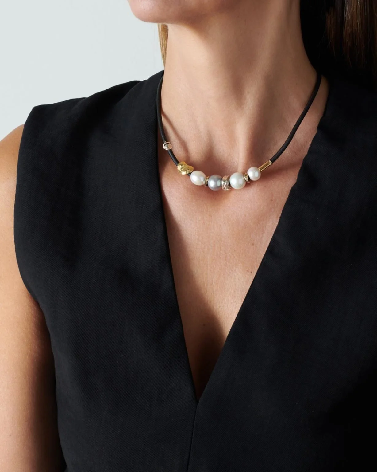 Gold, Silver and Pearl Leather Necklace – Misani Milano