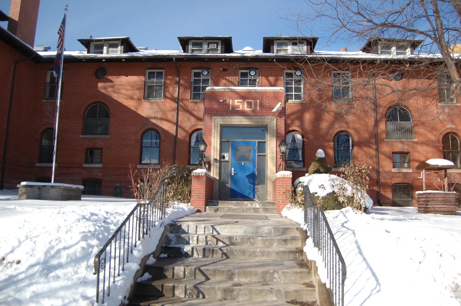 Our historic building looks lovely in the winter.