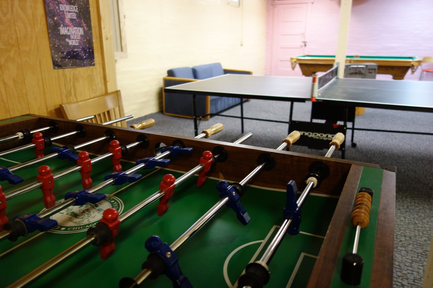 The leisure rooms includes games, foosball, table tennis, and a pool table.