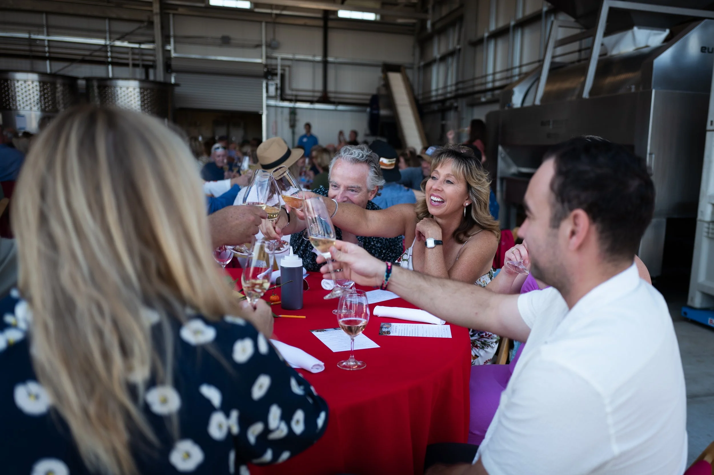 People at a banquet table toasting with glasses of wine, enjoying a celebration indoors.
