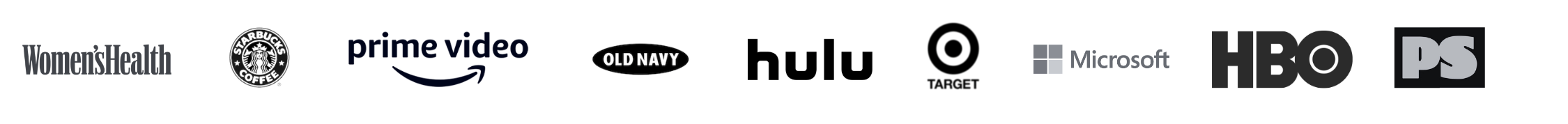 Collection of various streaming service and TV network logos including Hulu, Starbucks Coffee, Prime Video, Old Navy, Target, ABC, FX, HBO, and PBS.