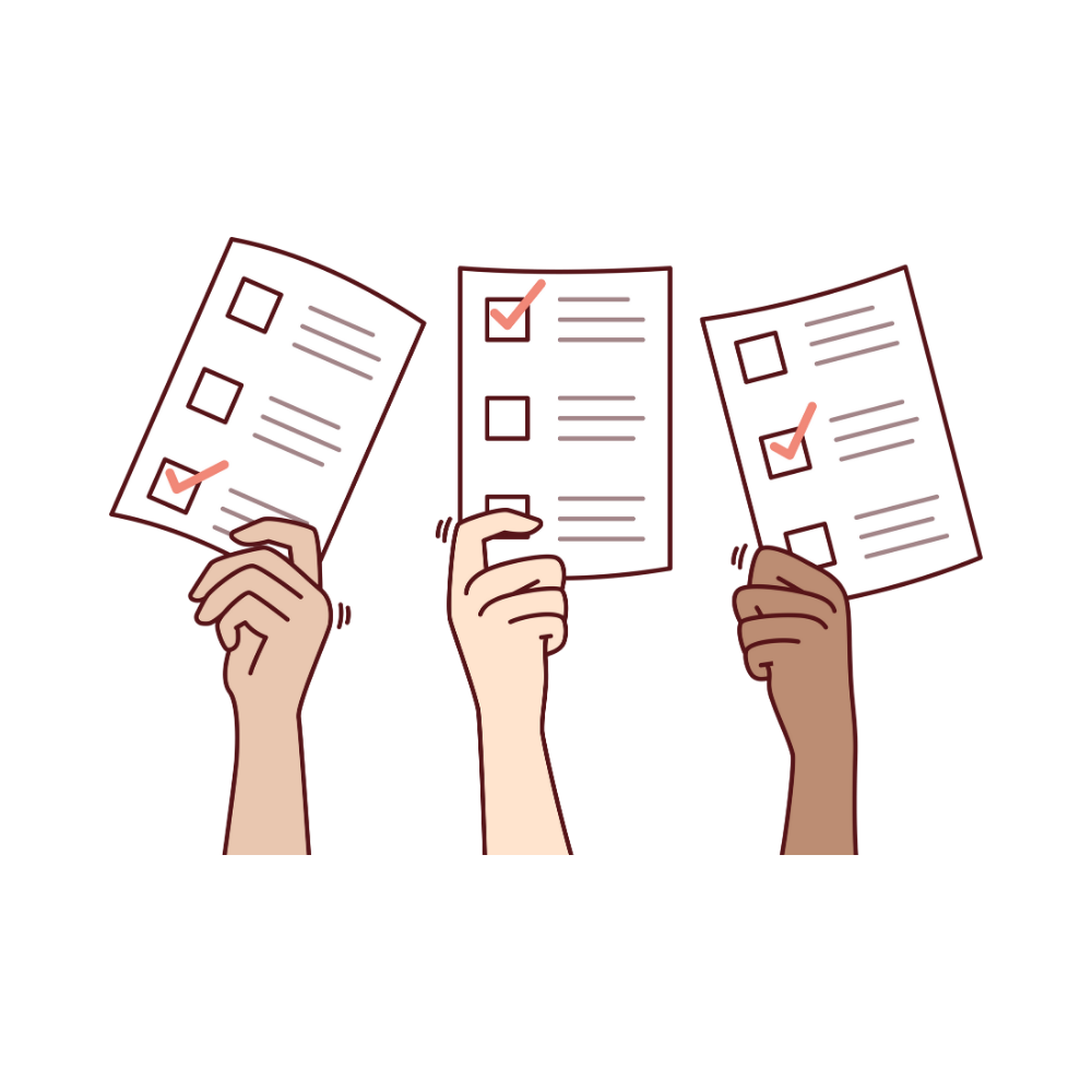 Three hands holding up voting ballots with checkmarks in two boxes on each.