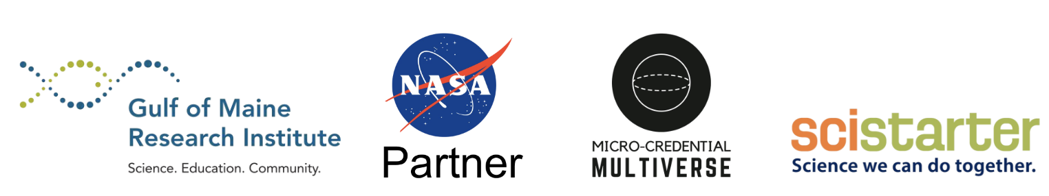 Gulf of Maine Research Institute, NASA Partner, Micro-credential Multiverse, and SciStarter logos