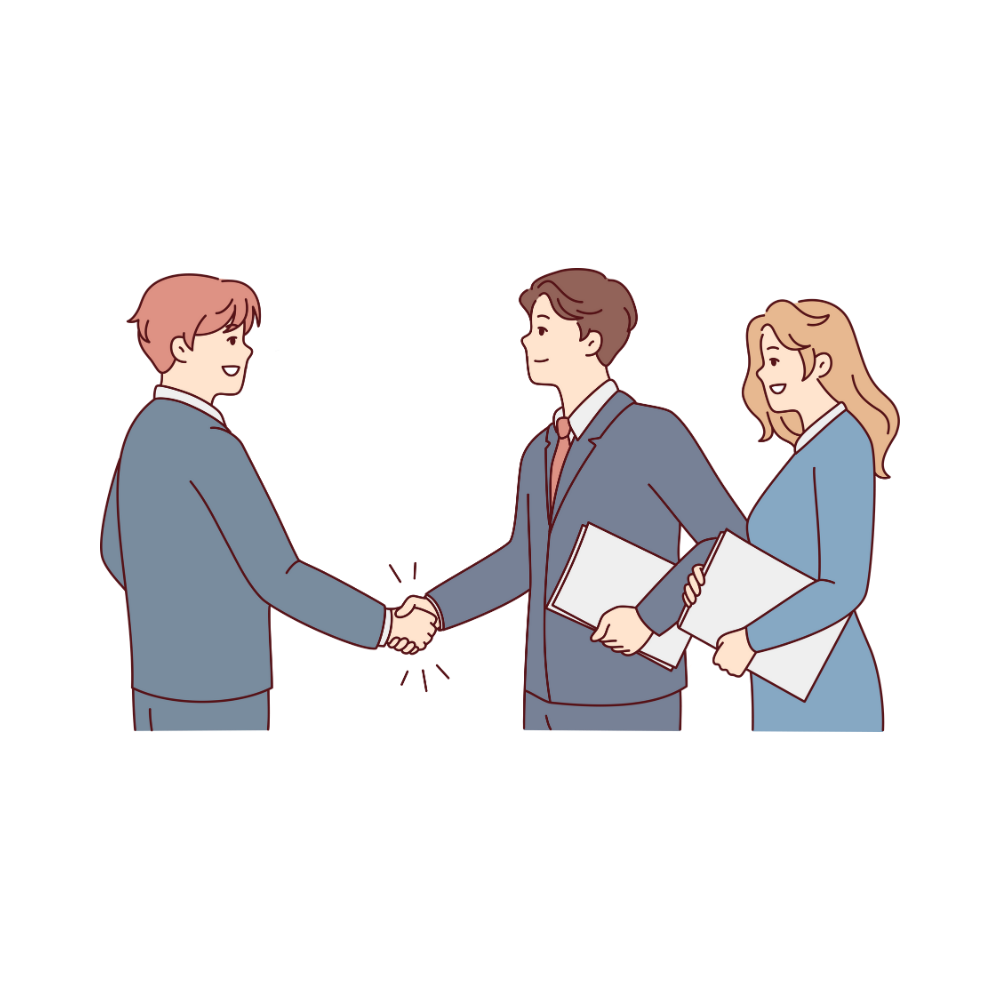 Two men shaking hands, one with brown hair and the other with blond hair, in a professional setting, with a woman standing nearby holding papers.