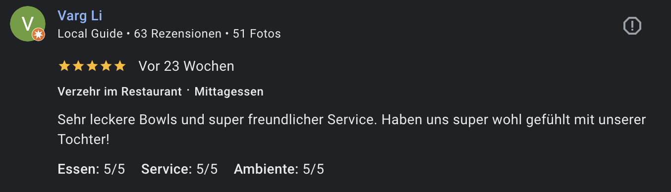Bewertung eines Restaurants, fünf Sterne, Text in Deutsch, über die Erfahrung mit Essen, Service und Ambiente.
