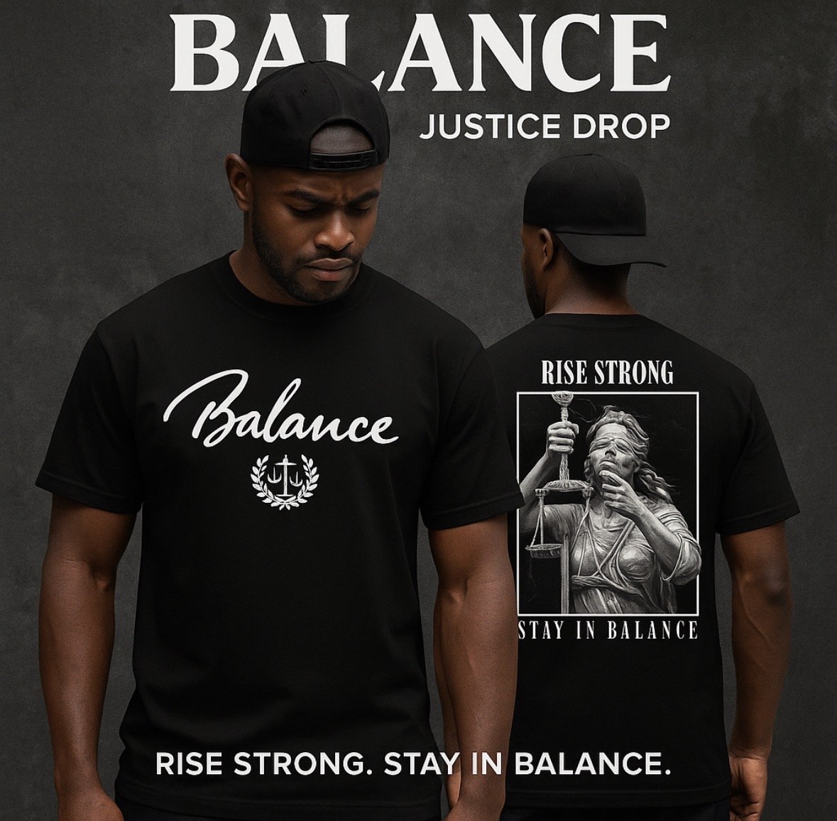 Zwei Männer tragen schwarze T-Shirts mit dem Schriftzug 'Balance' und einem Waage-Symbol. Hinten auf dem T-Shirt eines Mannes ist ein Bild der Justitia-Figur mit Text 'RISE STRONG STAY IN BALANCE'.