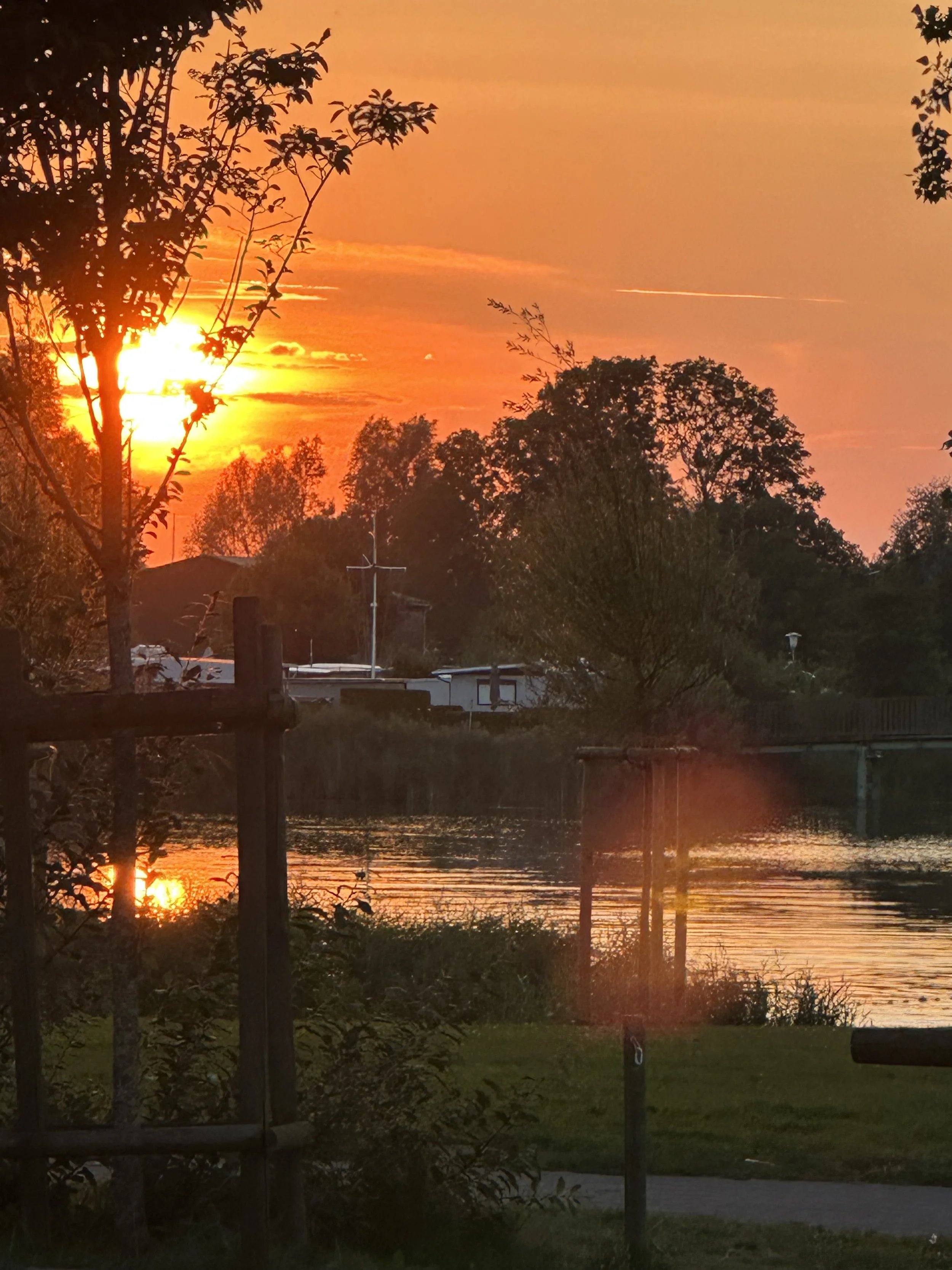 Ein Sonnenuntergang über dem See in Otterndorf mit silhouettierten Bäumen und einem Himmel in warmen Orangetönen.