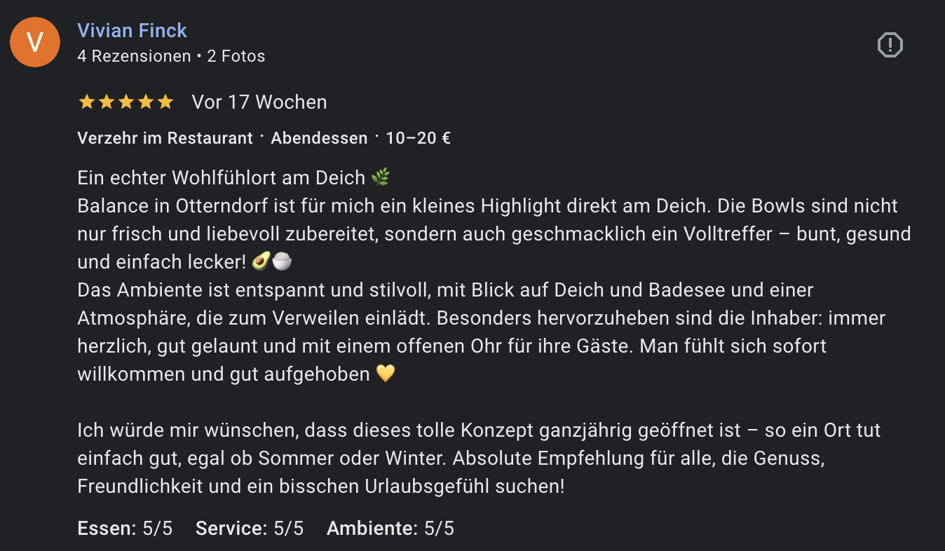 Bewertung eines Restaurants durch Vivian Finck mit 5 Sternen, fünf Bewertungsaspekten und zwei Fotos.