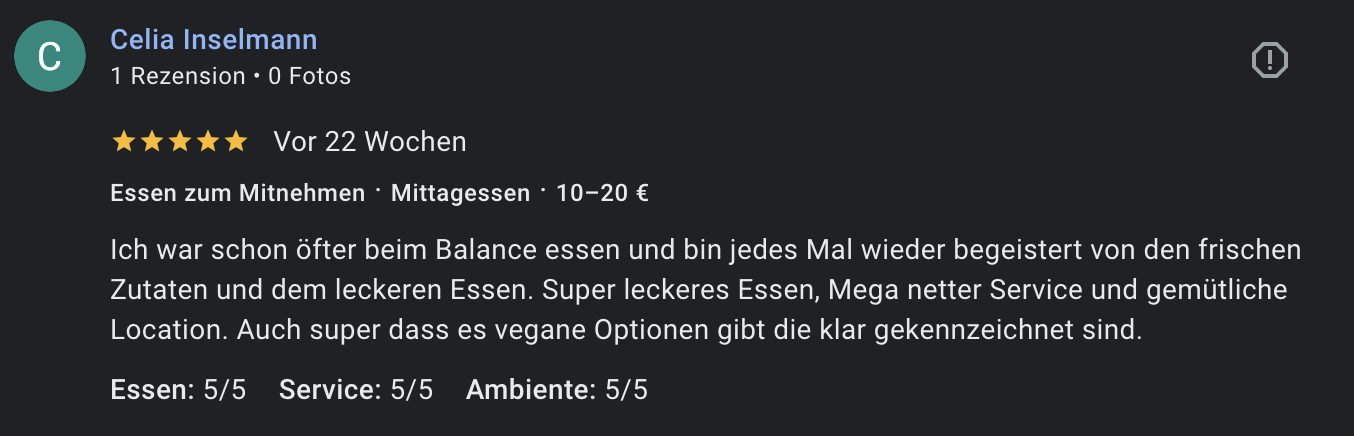 Screenshot einer Kundenbewertung für ein Restaurant, inklusive Name, Bewertungssterne, Datum, Preiskategorie, Beschreibung der Erfahrung, und Bewertungen für Essen, Service und Ambiente.