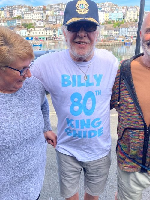 Sutty and Miami with dearest friends Hilary and Sean Houlahan, owners of the lovely Cabin Cafe, Harbourside, Brixham bought Billy his King Snide T-Shirt. June 2 2022