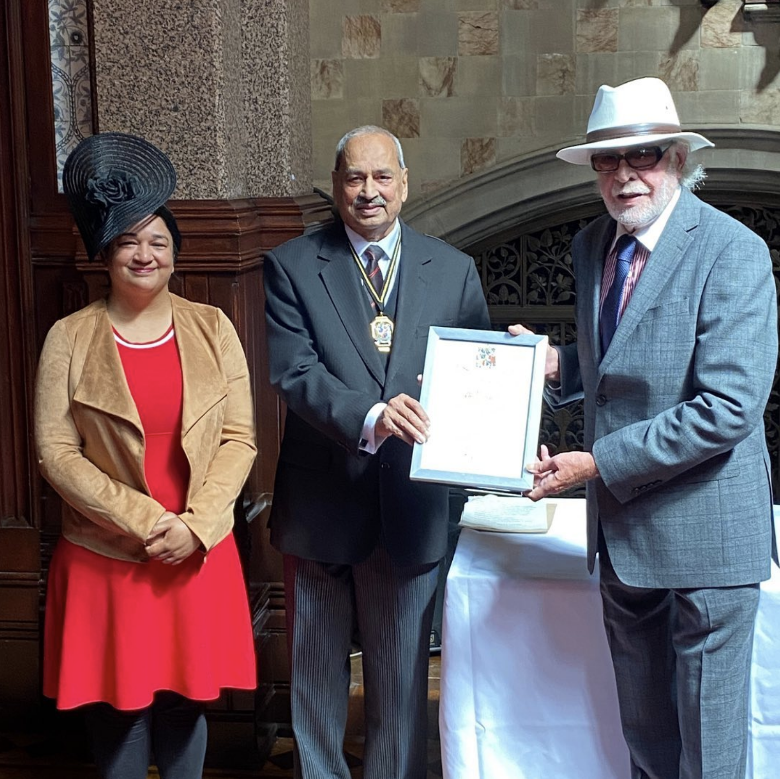 Billy 'Sutty' Sutton being presented the prestigious Lord Mayor's Award by the Mayor and his daughter the Lady Mayoress at Highbury Hall, Edgbaston, 2021