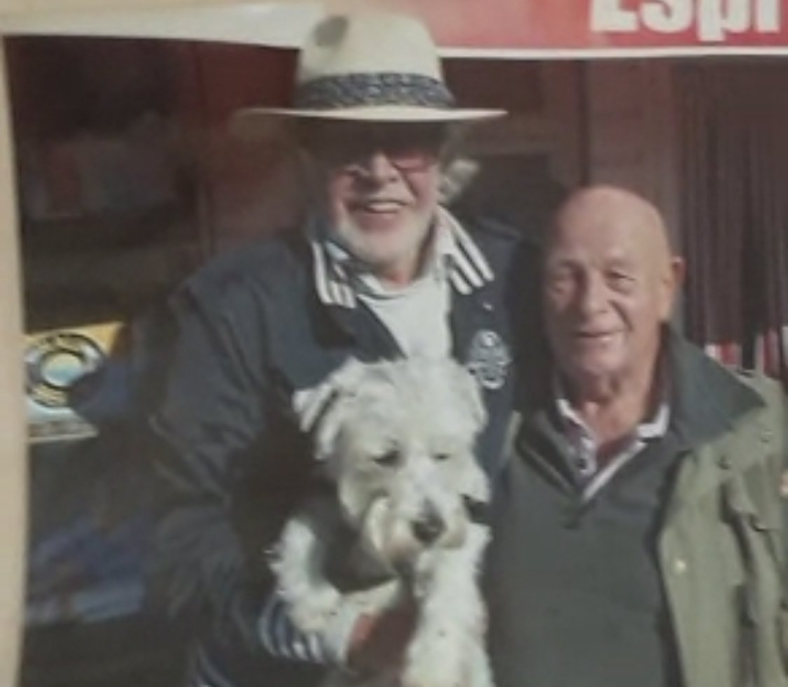 Billy and Miami with their dearest friend Dick at the Proper Coffee Shop in Paignton