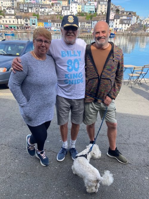 Sutty and Miami with dearest friends Hilary and Sean Houlahan, owners of the lovely Cabin Cafe, Harbourside, Brixham bought Billy his King Snide T-Shirt. June 2 2022