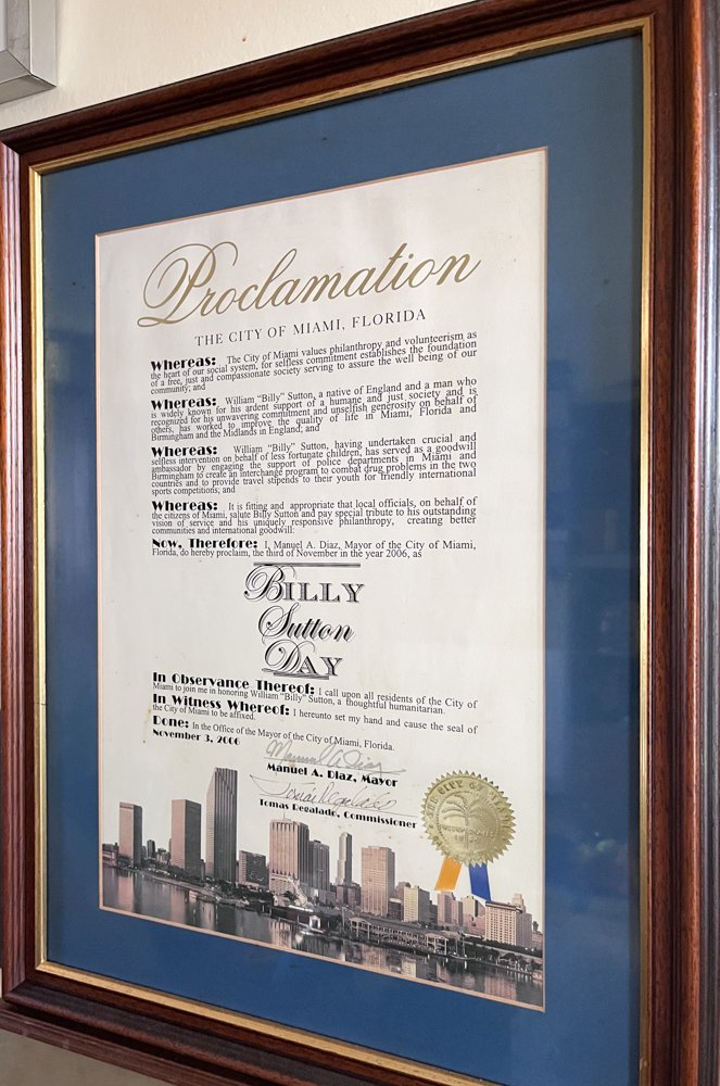Highest Honour Miami could bestow on Billy, signed by the commissioners, chief of police, the mayor and Judge Liam Fritel.