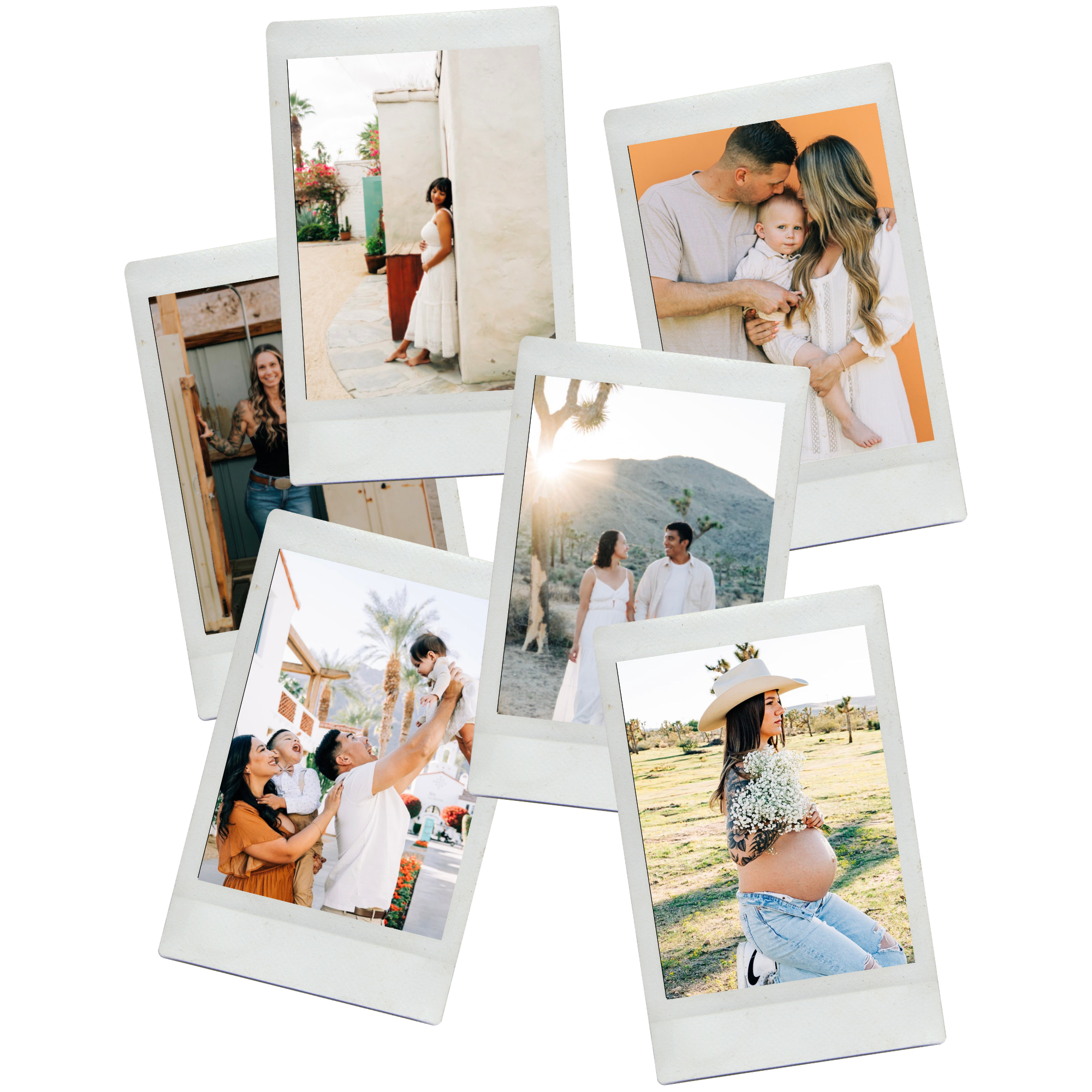 Collage of six photographs of people in various outdoor settings, including a pregnant woman, a couple with a child, a woman with children, and a woman holding a bouquet of flowers.
