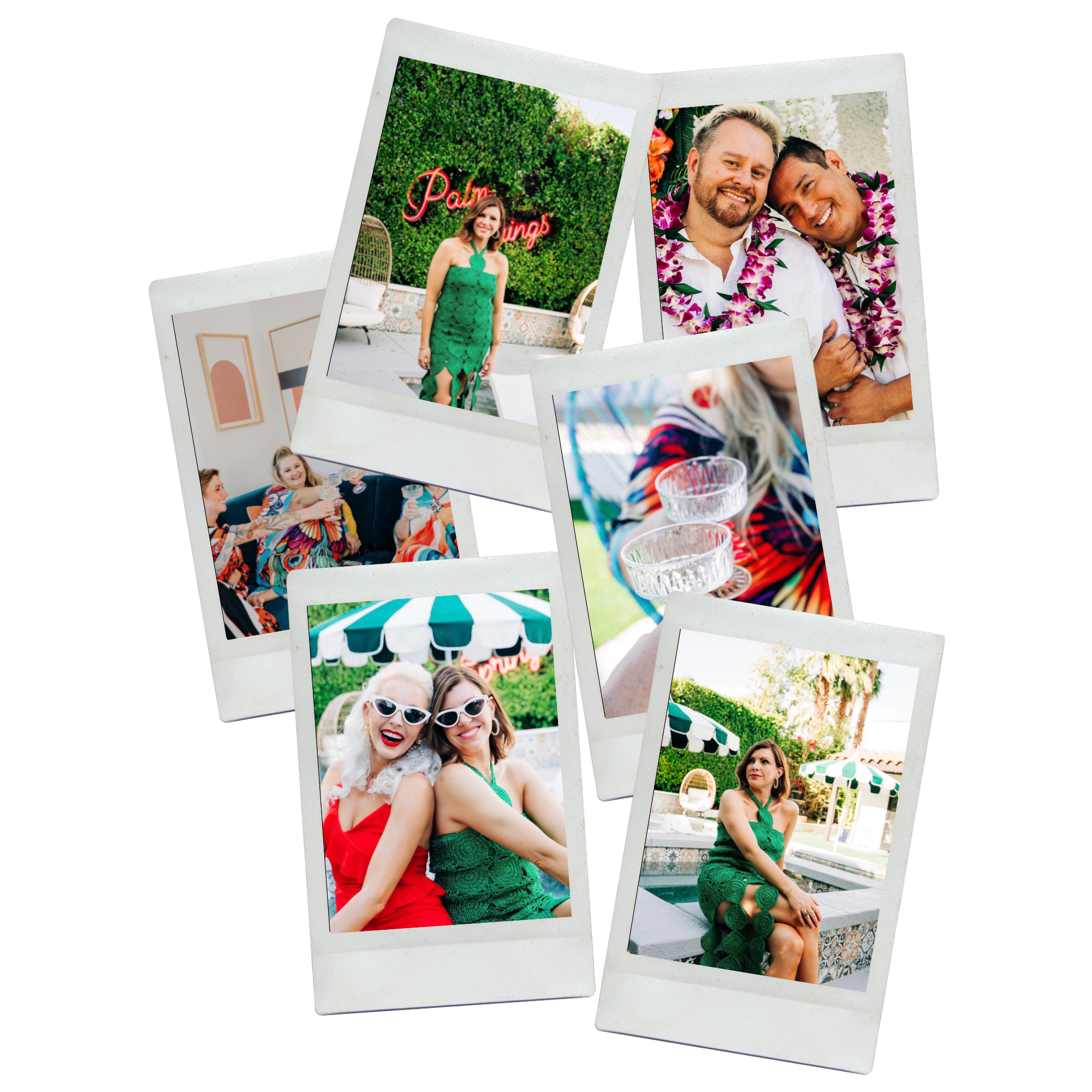 Collection of Polaroid-style photos from a tropical outdoor gathering. Includes images of people smiling, wearing leis and sunglasses, and socializing near a pool and tropical decor.