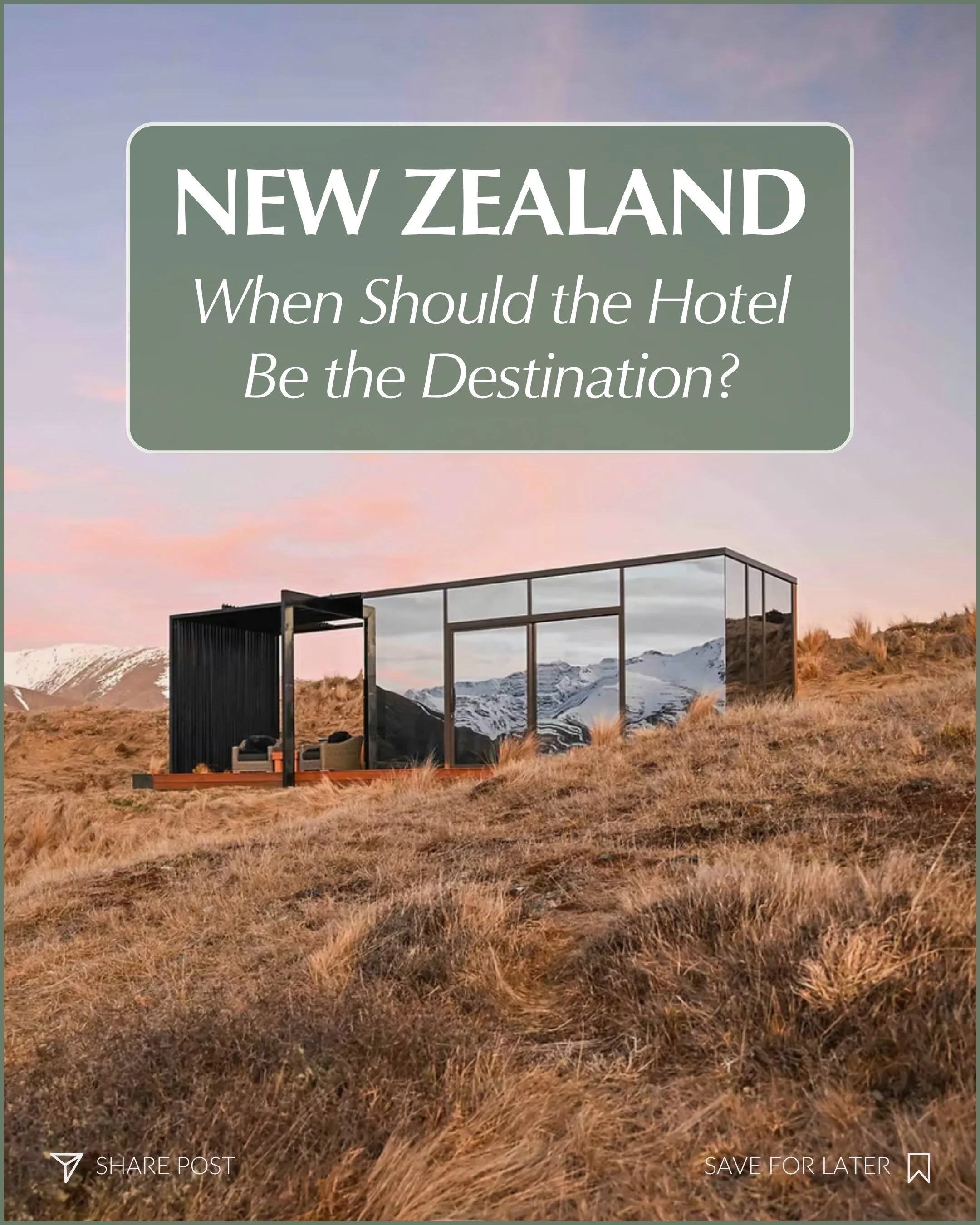 Hotel as the destination or hotel as the home base?

I have nine New Zealand stays to investigate. For research purposes, obviously. 🫡🇳🇿