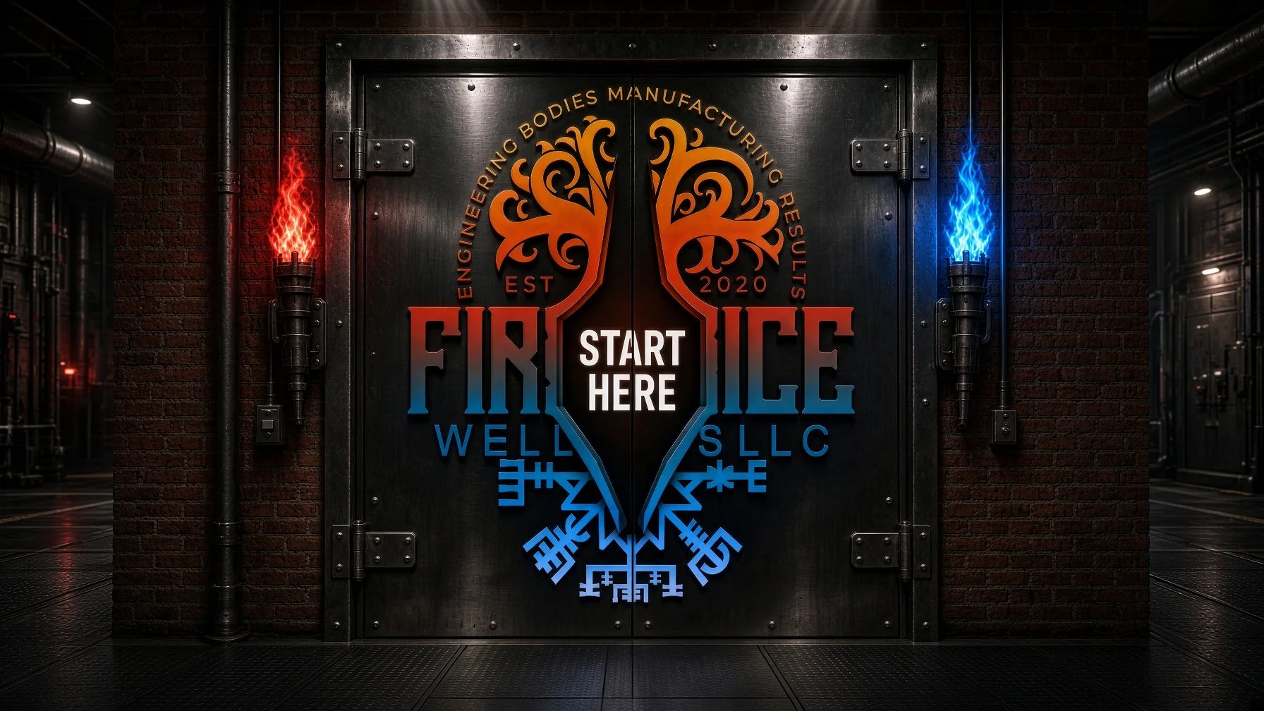 Industrial vault door with red and blue torches and START HERE mark for Fire & Ice Wellness