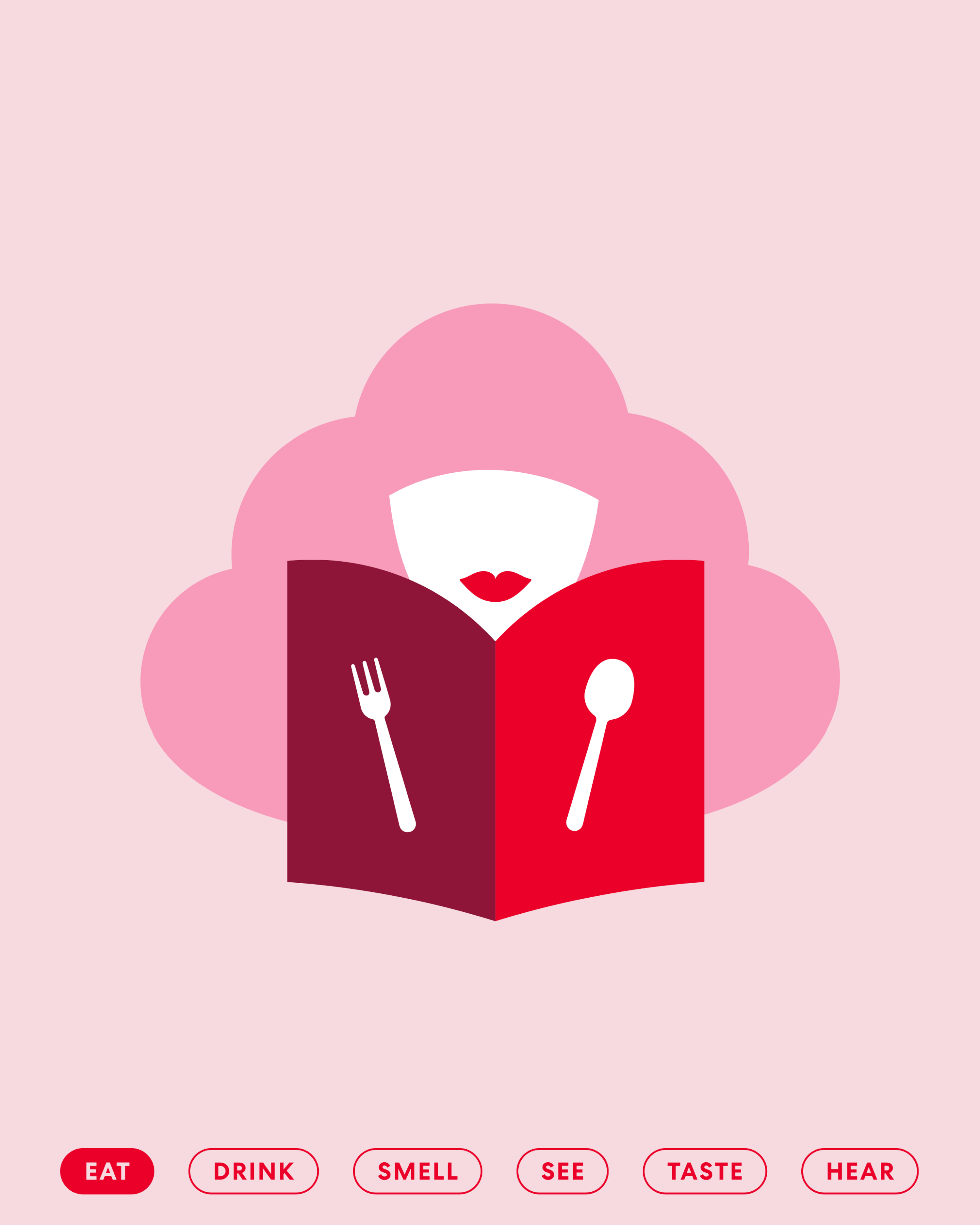 A graphic illustration of a woman's face partially hidden behind a red menu with icons of a fork and spoon. The woman has red lips and is surrounded by pink clouds. The bottom row has icons labeled Eat, Drink, Smell, See, Taste, Hear, with the Eat button highlighted in red.