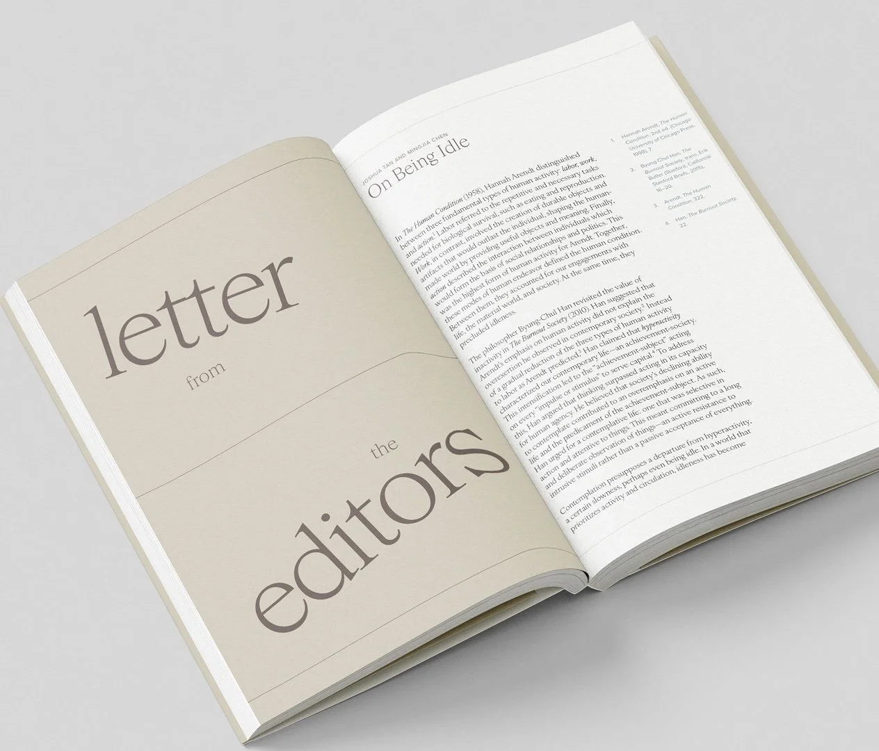 Open book showing a section titled "On Being Idle" by Joshua Tan MING JIA CHEN, with the words "letter from the editors" on the left page.