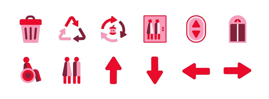 Collection of 12 icons related to waste management and accessibility, including a trash bin, recycling symbols, a person in a wheelchair, elevator buttons, directional arrows, and other accessibility indicators.