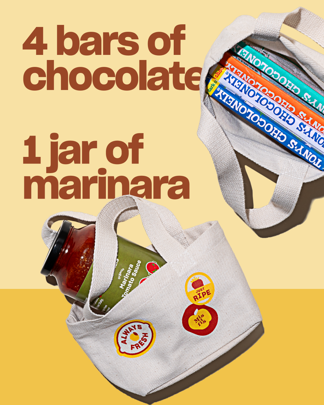 Two reusable tote bags, one containing four bars of chocolate and the other a jar of marinara sauce, with text indicating '4 bars of chocolate' and '1 jar of marinara' on a yellow background.